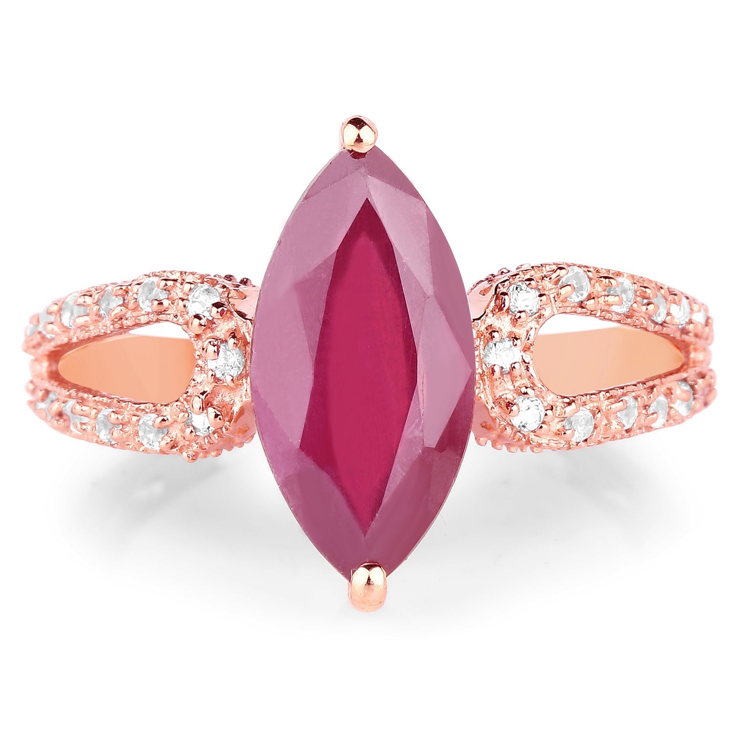 14K Rose Gold Plated 5.11 Carat Glass Filled Ruby and White Topaz .925 Sterling Silver Ring  DestGlow