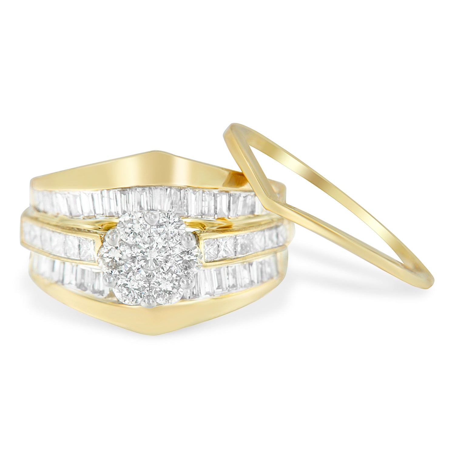14K Yellow Gold 2-1/3 Cttw Diamond Cluster Channel Set Chevron Shaped Band Engagement Ring &amp; Wedding Band Set