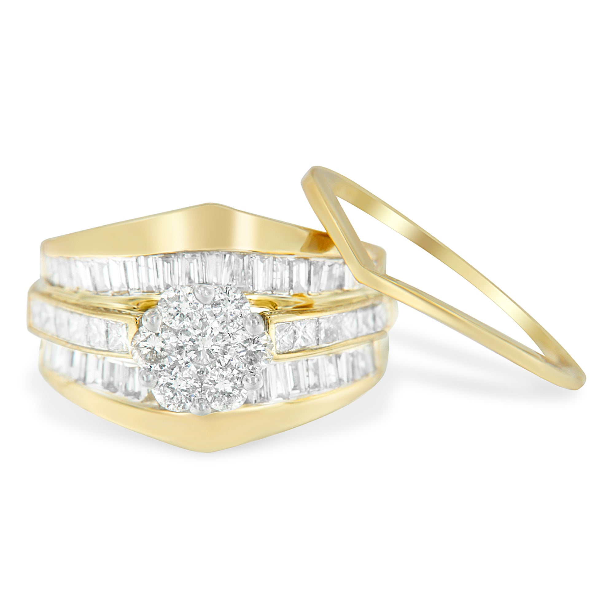 14K Yellow Gold 2-1/3 Cttw Diamond Cluster Channel Set Chevron Shaped Band Engagement Ring &amp; Wedding Band Set