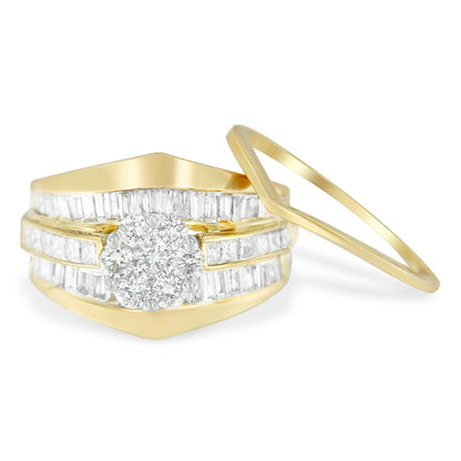 14K Yellow Gold 2-1/3 Cttw Diamond Cluster Channel Set Chevron Shaped Band Engagement Ring &amp; Wedding Band Set