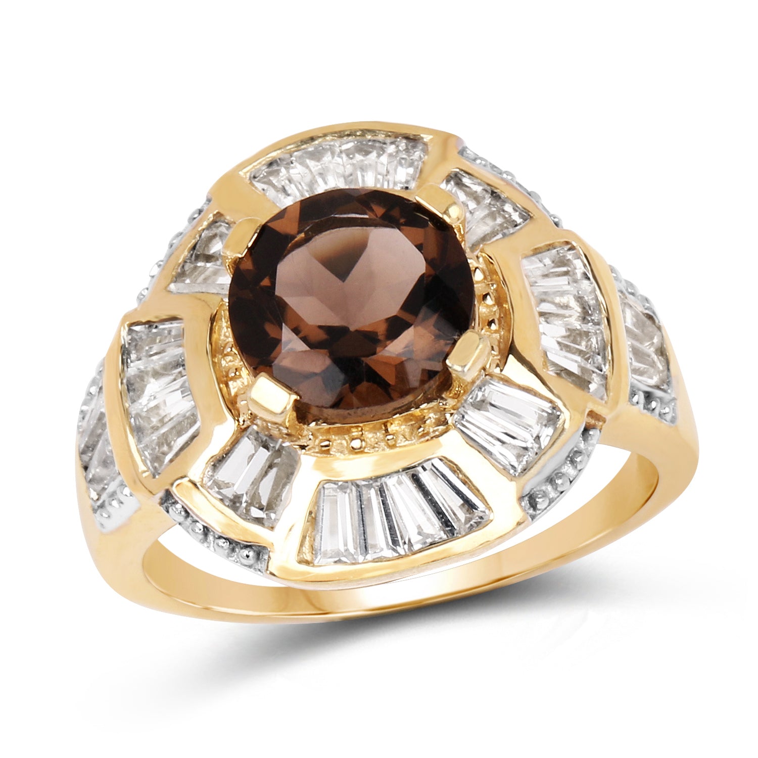 14K Yellow Gold Plated 4.18 Carat Genuine Smoky Quartz &amp; White Topaz .925 Sterling Silver Ring  DestGlow