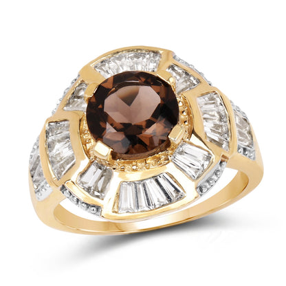 14K Yellow Gold Plated 4.18 Carat Genuine Smoky Quartz &amp; White Topaz .925 Sterling Silver Ring  DestGlow
