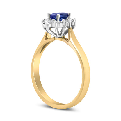 14K Yellow Gold 1/5 Cttw Round Diamond and 6x4mm Oval Blue Tanzanite Halo Ring (H-I Color, I1-I2 Clarity) - Size 7.75 by Bids.com