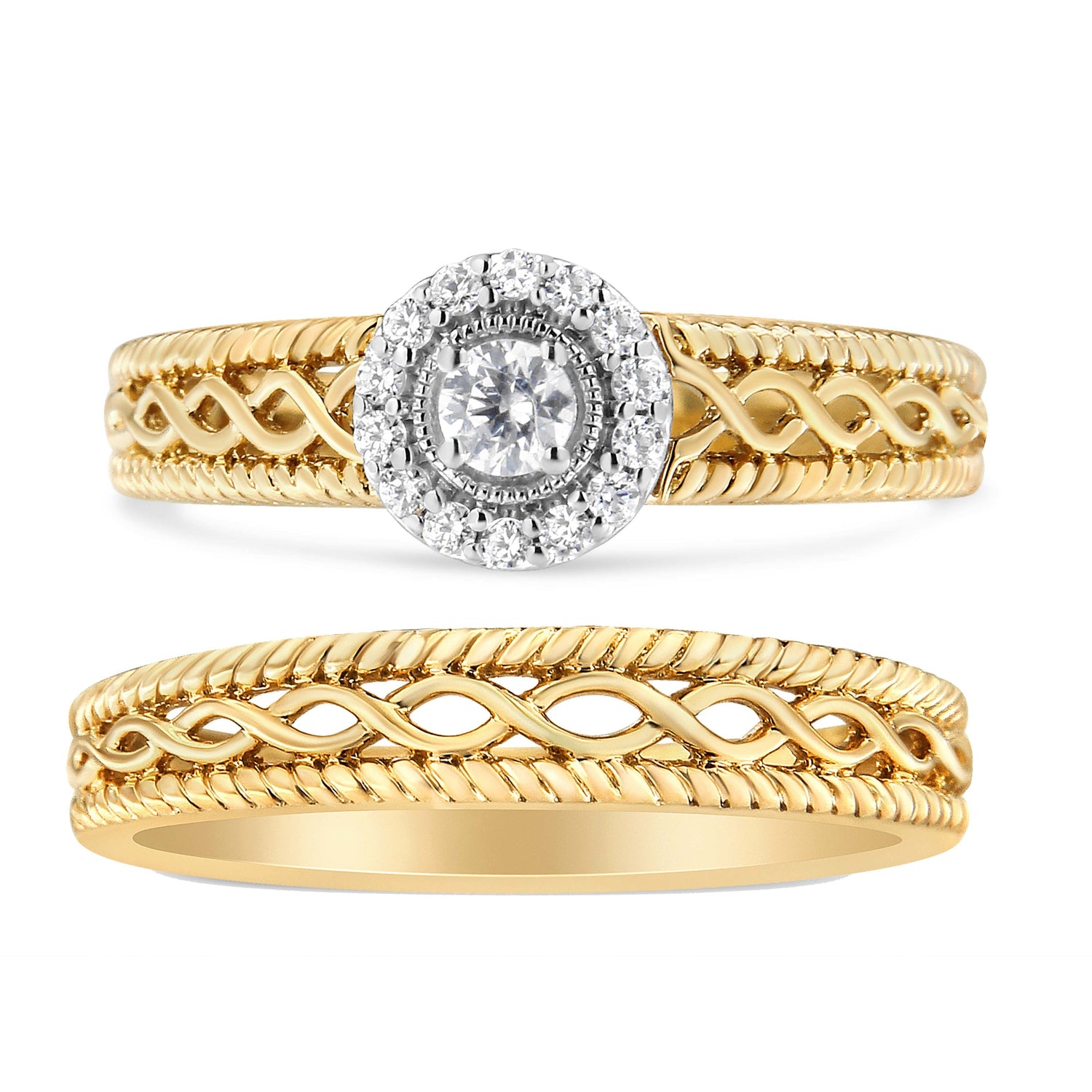 14K Yellow Gold Plated .925 Sterling Silver 1/5 Cttw Diamond Halo Engagement Ring and Wedding Band Set (I-J Color, I3 Clarity) - Size 7  DestGlow