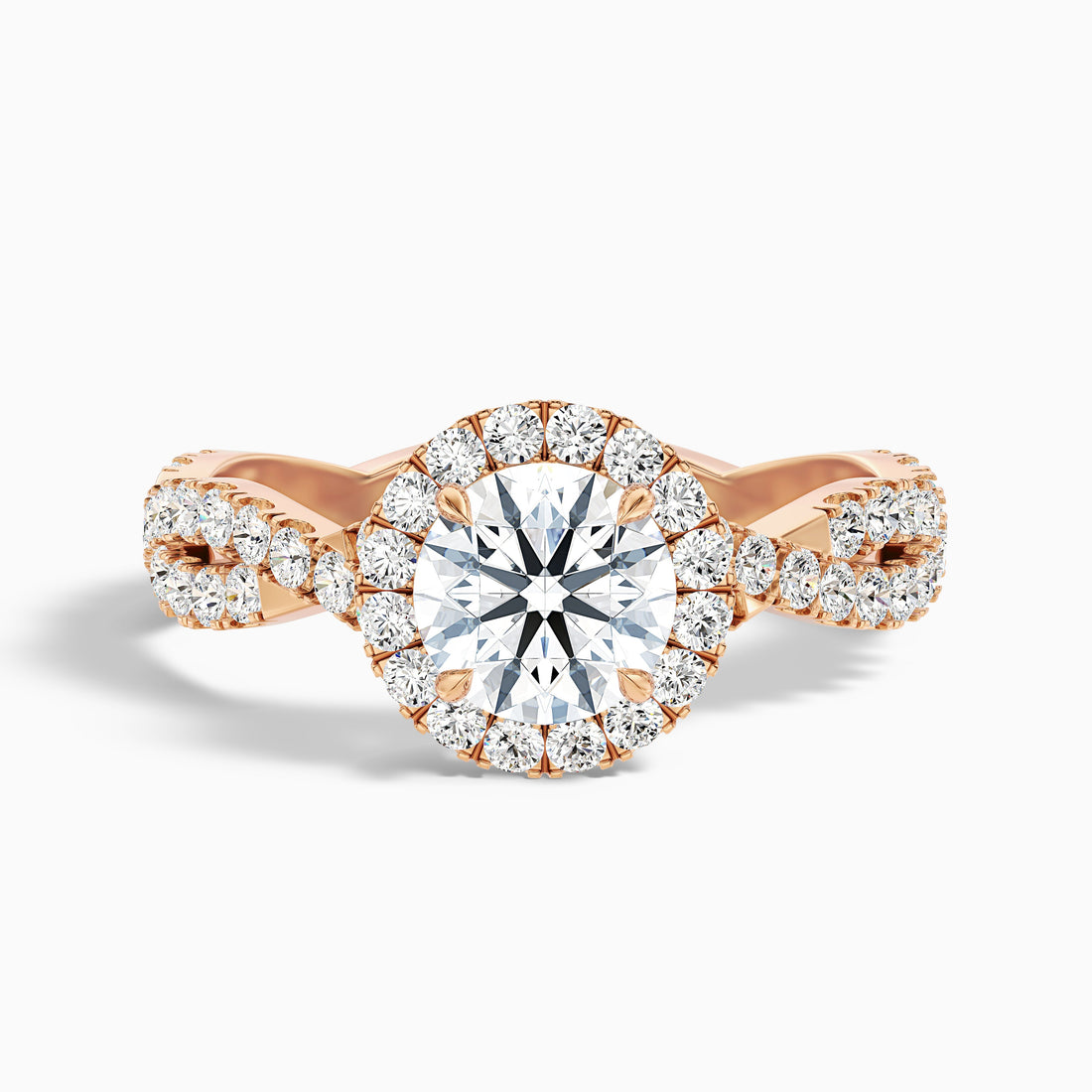 Beth 8 Carat Round Cut Halo Twisted Pave Moissanite Engagement Ring in 10k Rose Gold  DestGlow