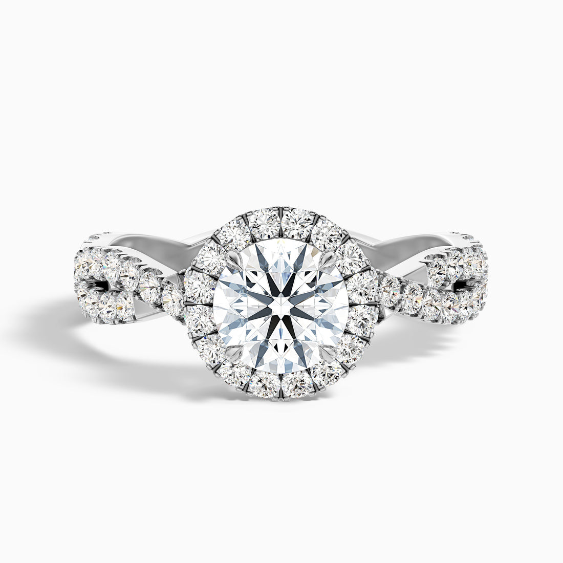Beth 9 Carat Round Cut Halo Twisted Pave Moissanite Engagement Ring in 14k White Gold  DestGlow