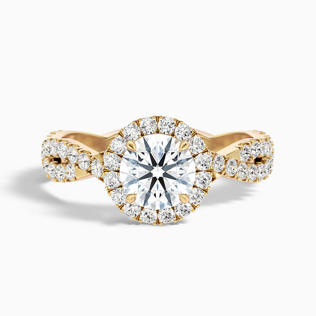 Beth 8 Carat Round Cut Halo Twisted Pave Moissanite Engagement Ring in 10k Yellow Gold  DestGlow