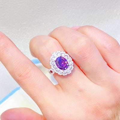 2 Carat Purple Oval-Cut Purple Oval-Cut Sparkala™ Pure Sterling Silver Halo Ring - DestGlow