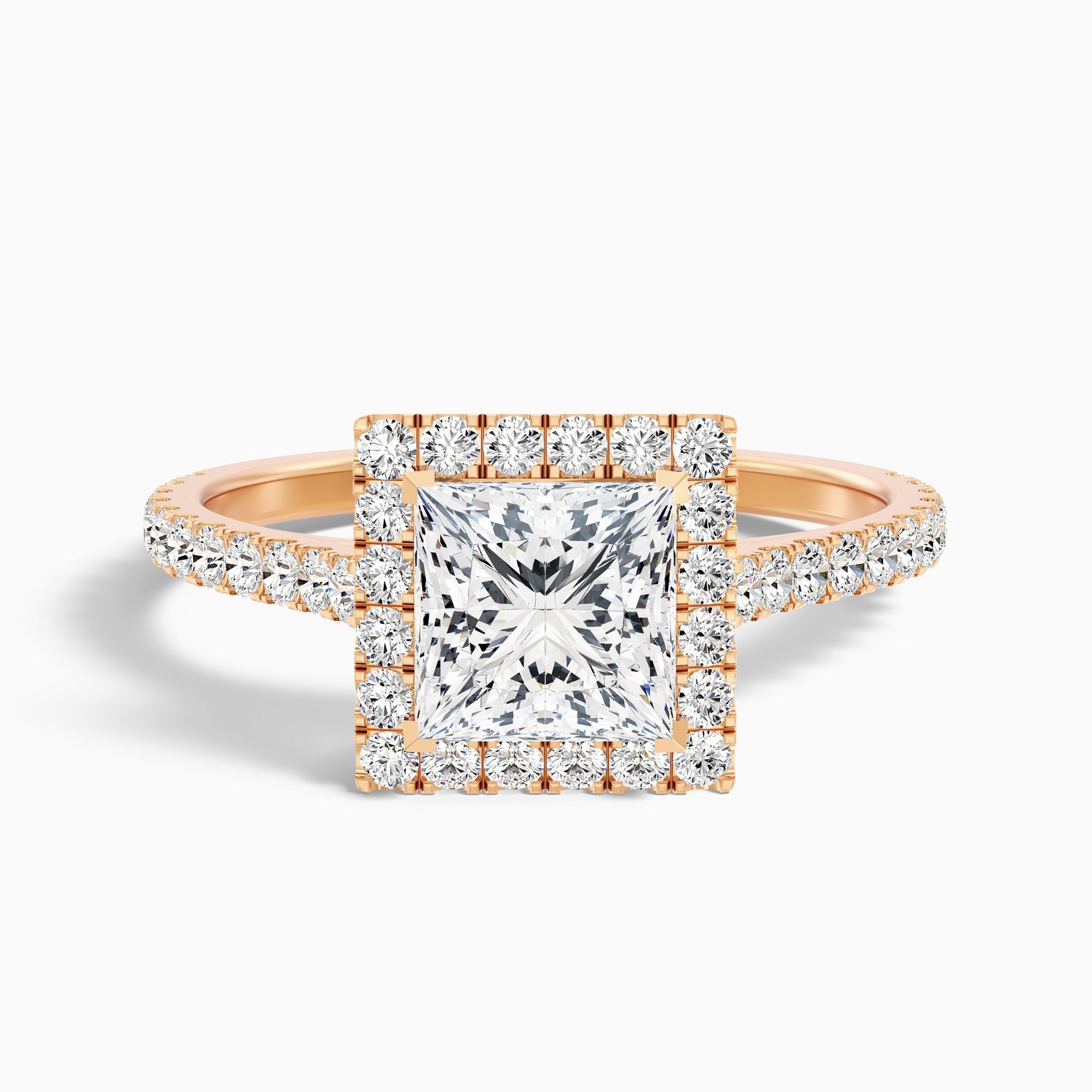 Rose 3 Carat Princess Halo Pave Moissanite Engagement Ring in 18k Rose Gold