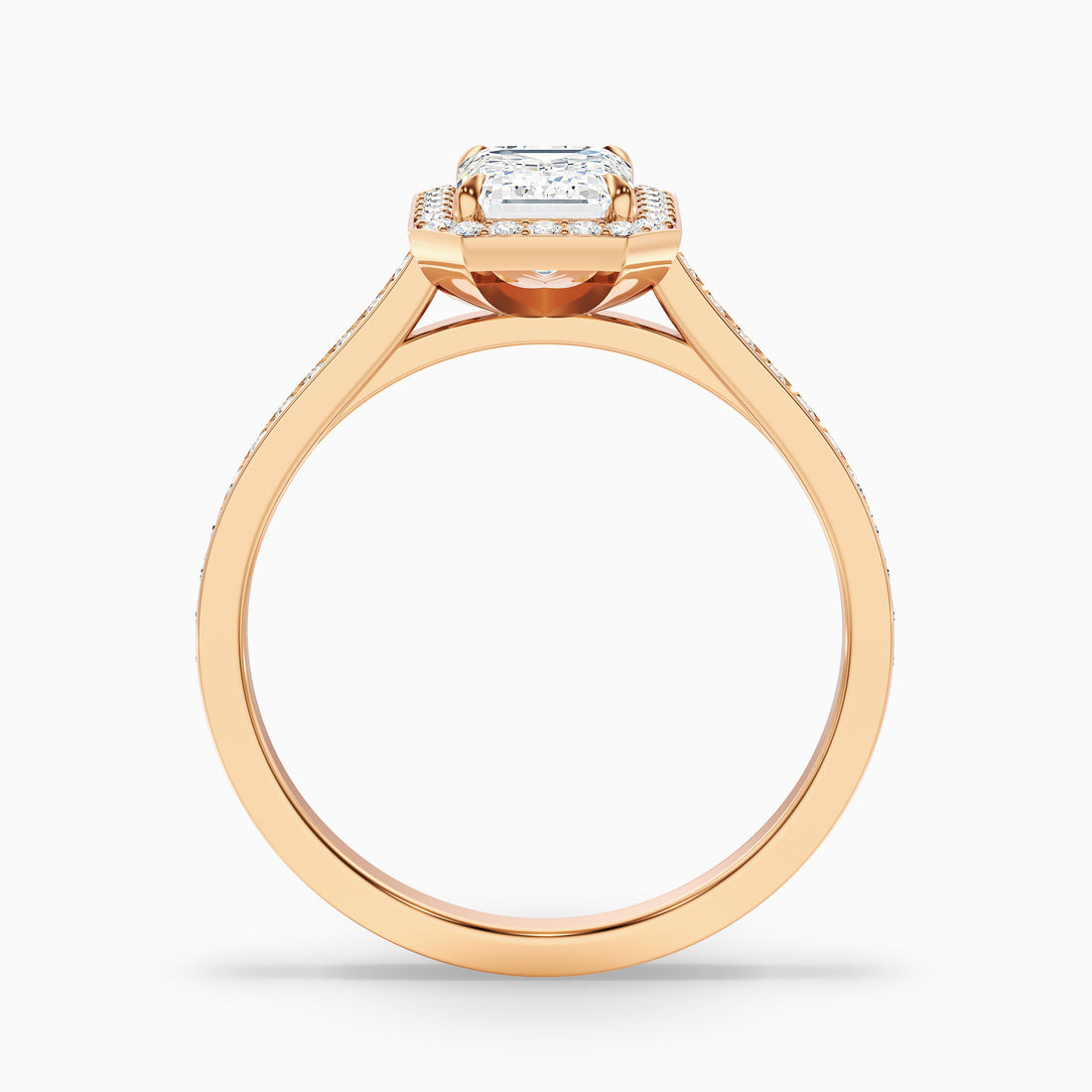 Bell 7 Carat Emerald Cut Halo Pave Moissanite Engagement Ring in 14k Rose Gold  DestGlow