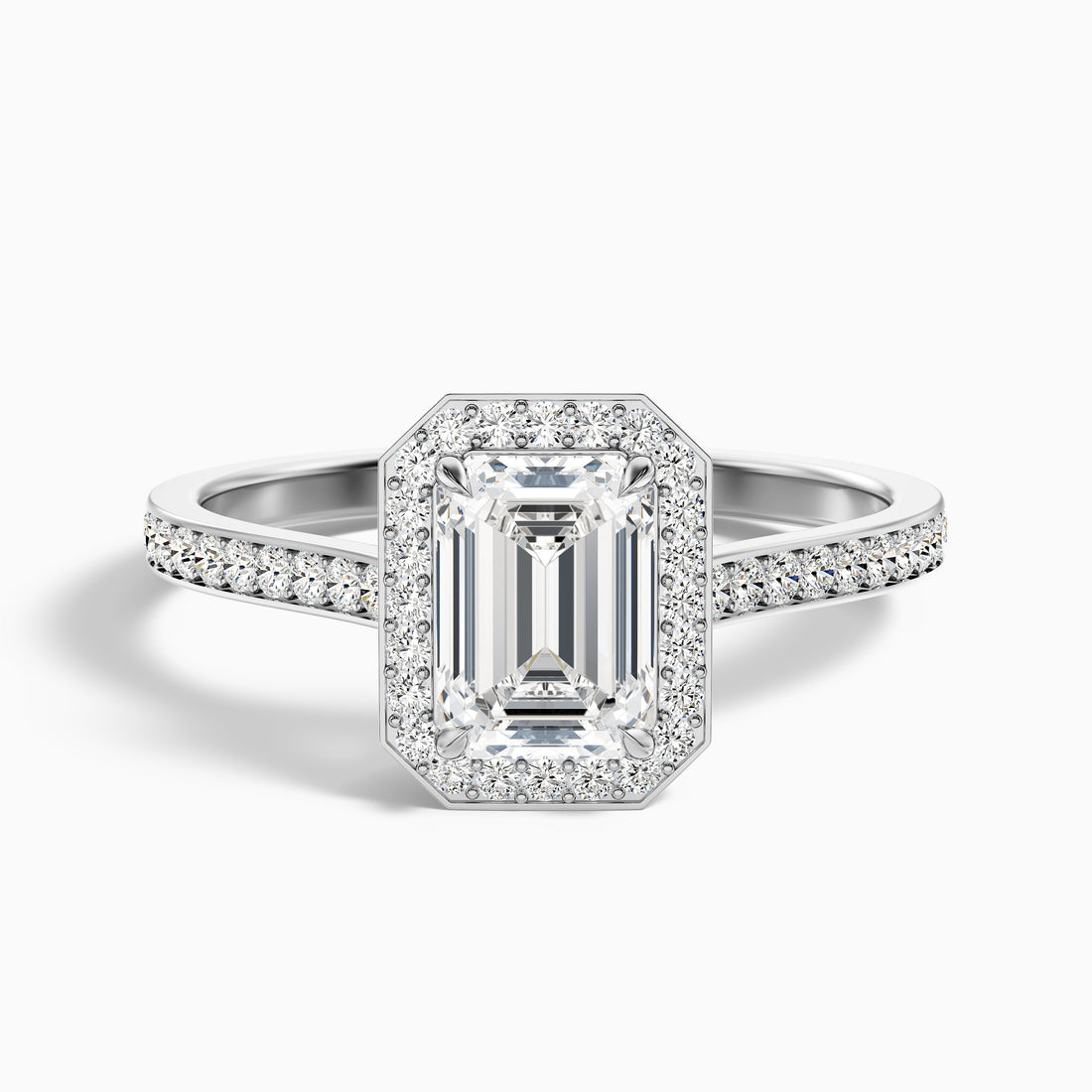 Bell 8 Carat Emerald Cut Halo Pave Moissanite Engagement Ring in 14k White Gold  DestGlow