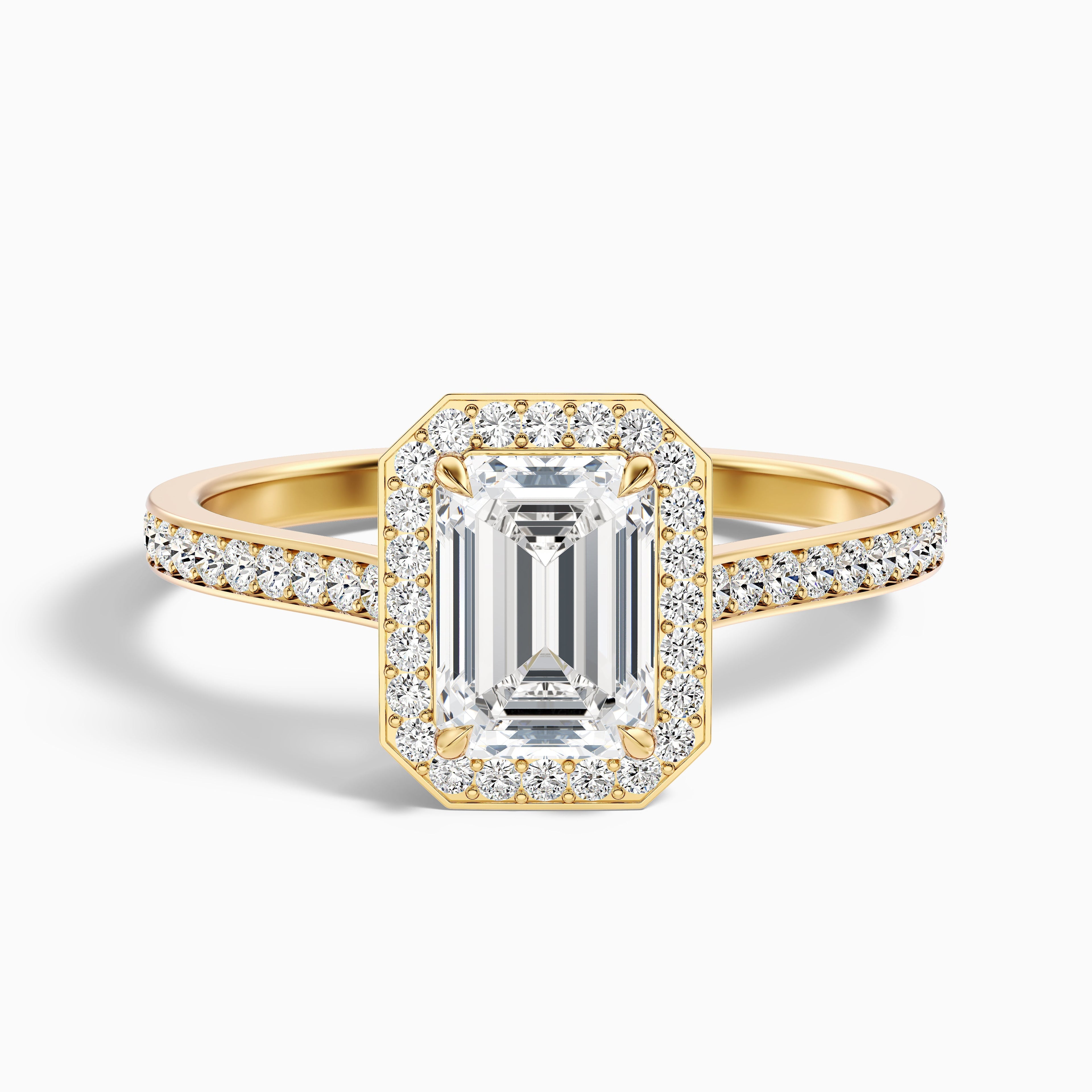 Lucy 3 Carat Emerald Cut Halo Pave Lab Grown Diamond Ring in 18k Rose Gold