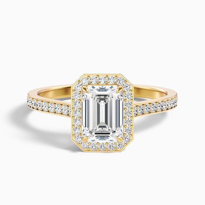 Bell 6 Carat Emerald Cut Halo Pave Moissanite Engagement Ring in 14k Yellow Gold  DestGlow