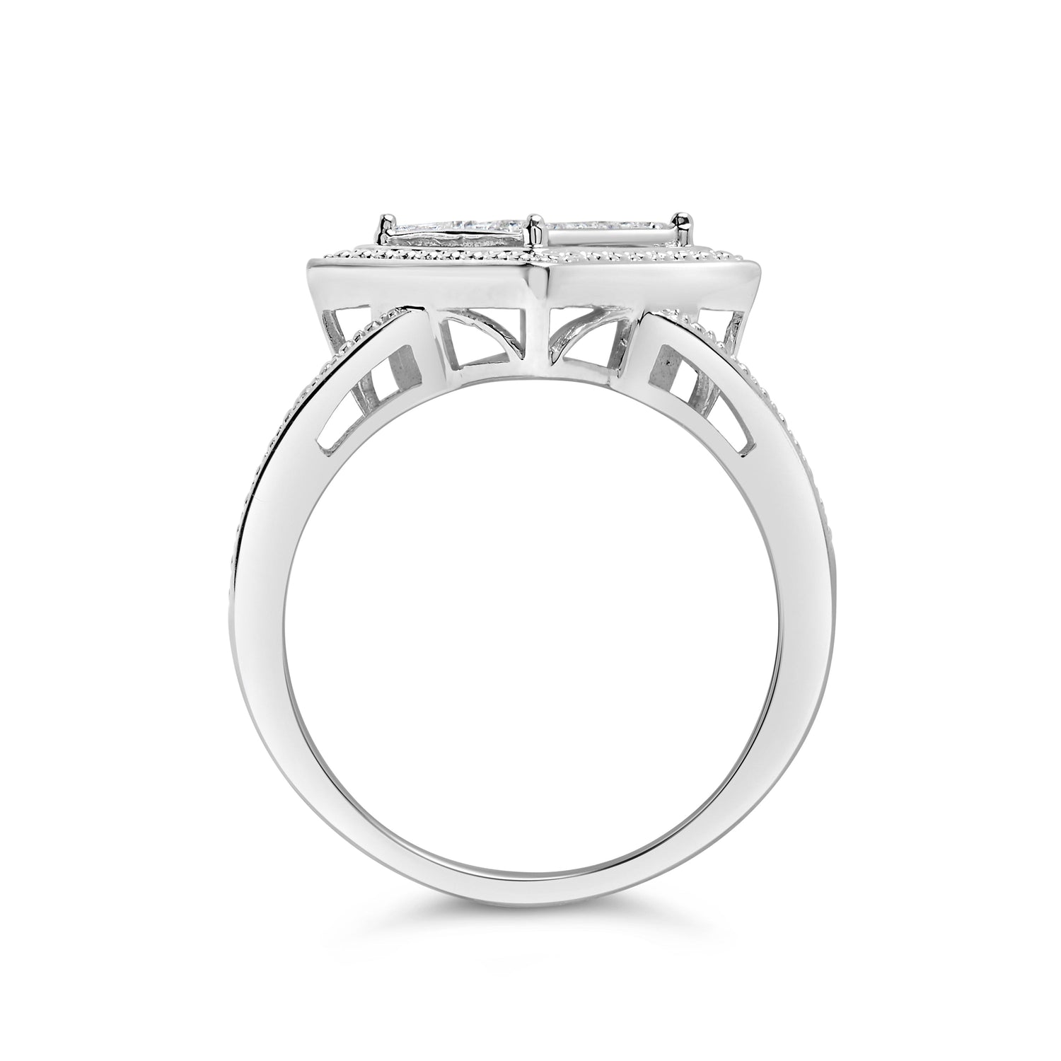 .925 Sterling Silver 1/3 Cttw Invisible Set Princess-Cut Diamond Rhombus and Beaded Halo Ring (H-I Color, SI1-SI2 Clarity) - Ring Size 7 by Bids.com