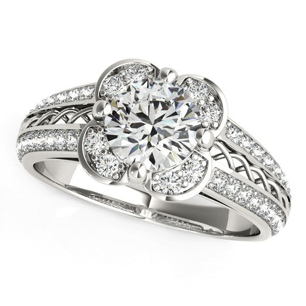 Round Diamond Floral Motif Engagement Ring in 14k White Gold (1 3/8 cttw) by Bids.com