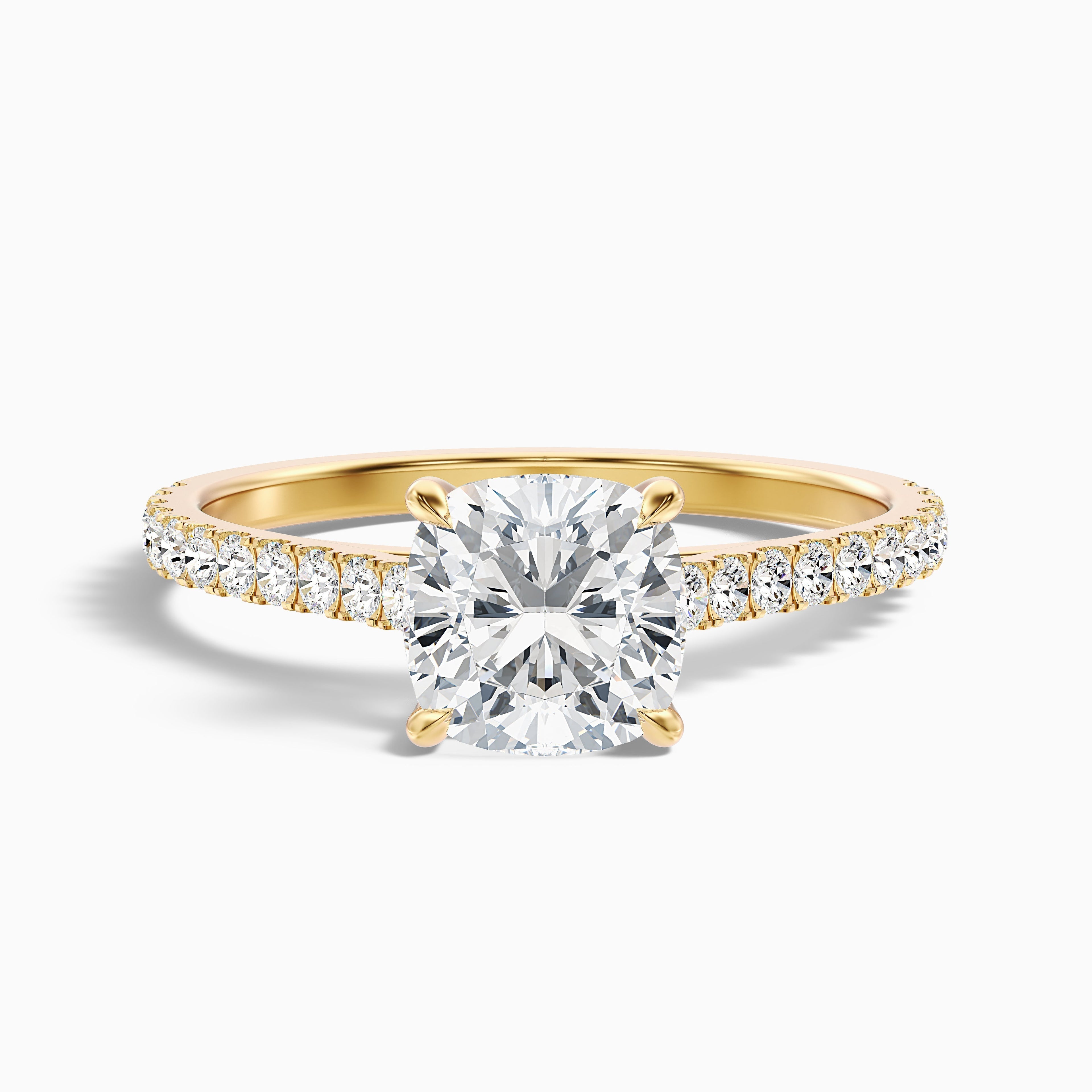 Lea 3 Carat Cushion Cut Side Stone Pave Lab Grown Diamond Ring in 10k Yellow Gold