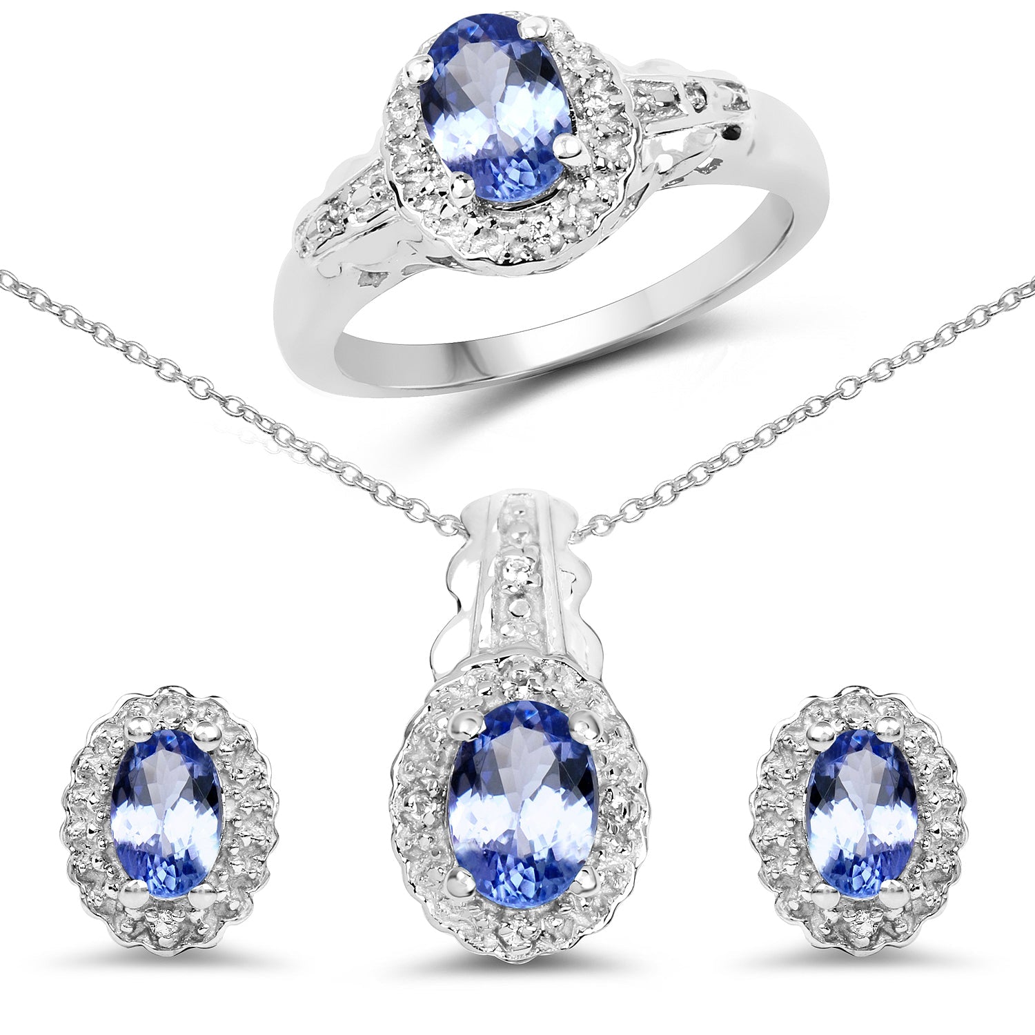 2.46 Carat Genuine Tanzanite and White Topaz .925 Sterling Silver 3 Piece Jewelry Set (Ring, Earrings, and Pendant w/ Chain) by Bids.com
