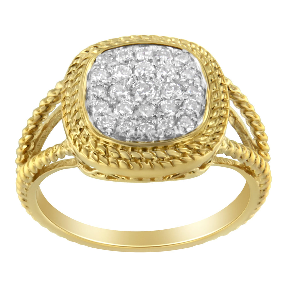 10K Yellow Gold Plated .925 Sterling Silver 1/2 Cttw Diamond Square Cushion Cluster Split Shank Cocktail Ring (J-K Color, I2-I3 Clarity) - Size 7  DestGlow