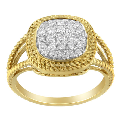 10K Yellow Gold Plated .925 Sterling Silver 1/2 Cttw Diamond Square Cushion Cluster Split Shank Cocktail Ring (J-K Color, I2-I3 Clarity) - Size 7  DestGlow
