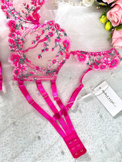 Pink Blossom Embroidery Lingerie Set