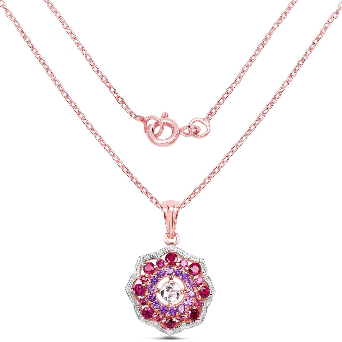 14K Rose Gold Plated 2.30 Carat Genuine Morganite, Rhodolite and Amethyst .925 Sterling Silver Pendant by Bids.com