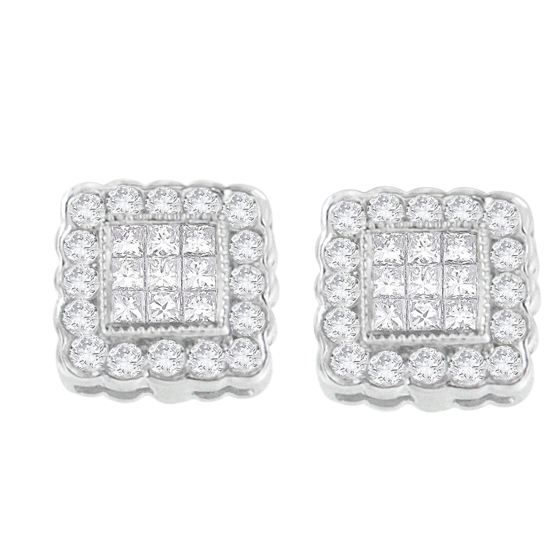 14K White Gold 1.0 Cttw Round Brilliant &amp; Princess Cut Diamond Scallop-Edge Framed Square Halo Stud Earrings (G-H Color, SI1-SI2 Clarity) by Bids.com
