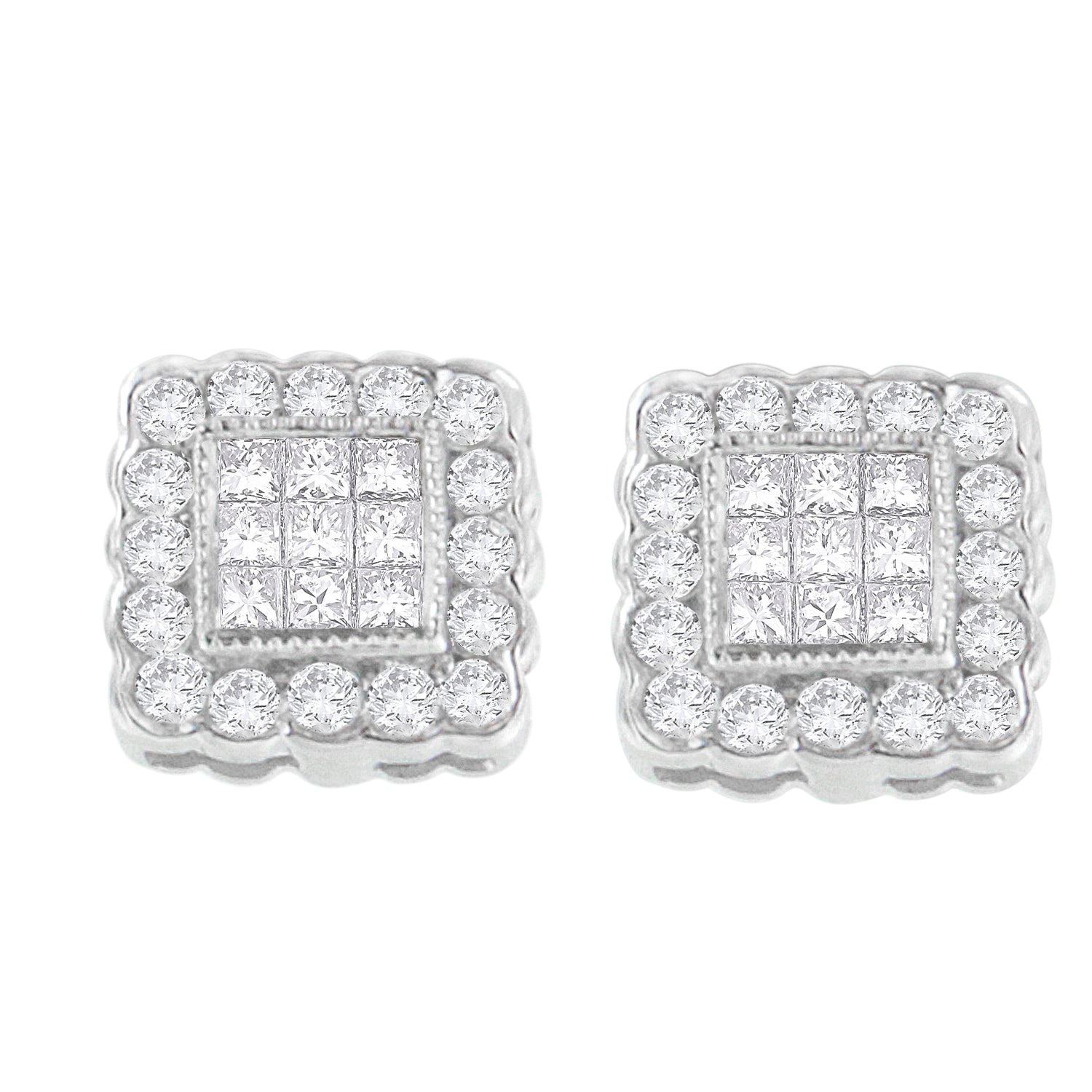 14K White Gold 1.0 Cttw Round Brilliant &amp; Princess Cut Diamond Scallop-Edge Framed Square Halo Stud Earrings (G-H Color, SI1-SI2 Clarity) by Bids.com