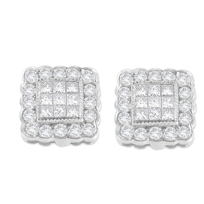 14K White Gold 1.0 Cttw Round Brilliant &amp; Princess Cut Diamond Scallop-Edge Framed Square Halo Stud Earrings (G-H Color, SI1-SI2 Clarity) by Bids.com
