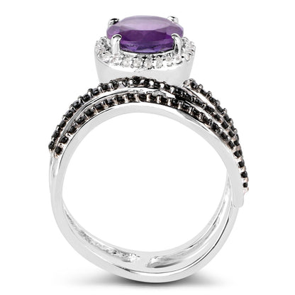 2.31 Carat Genuine Amethyst, Black Spinel and White Diamond .925 Sterling Silver Ring by Bids.com