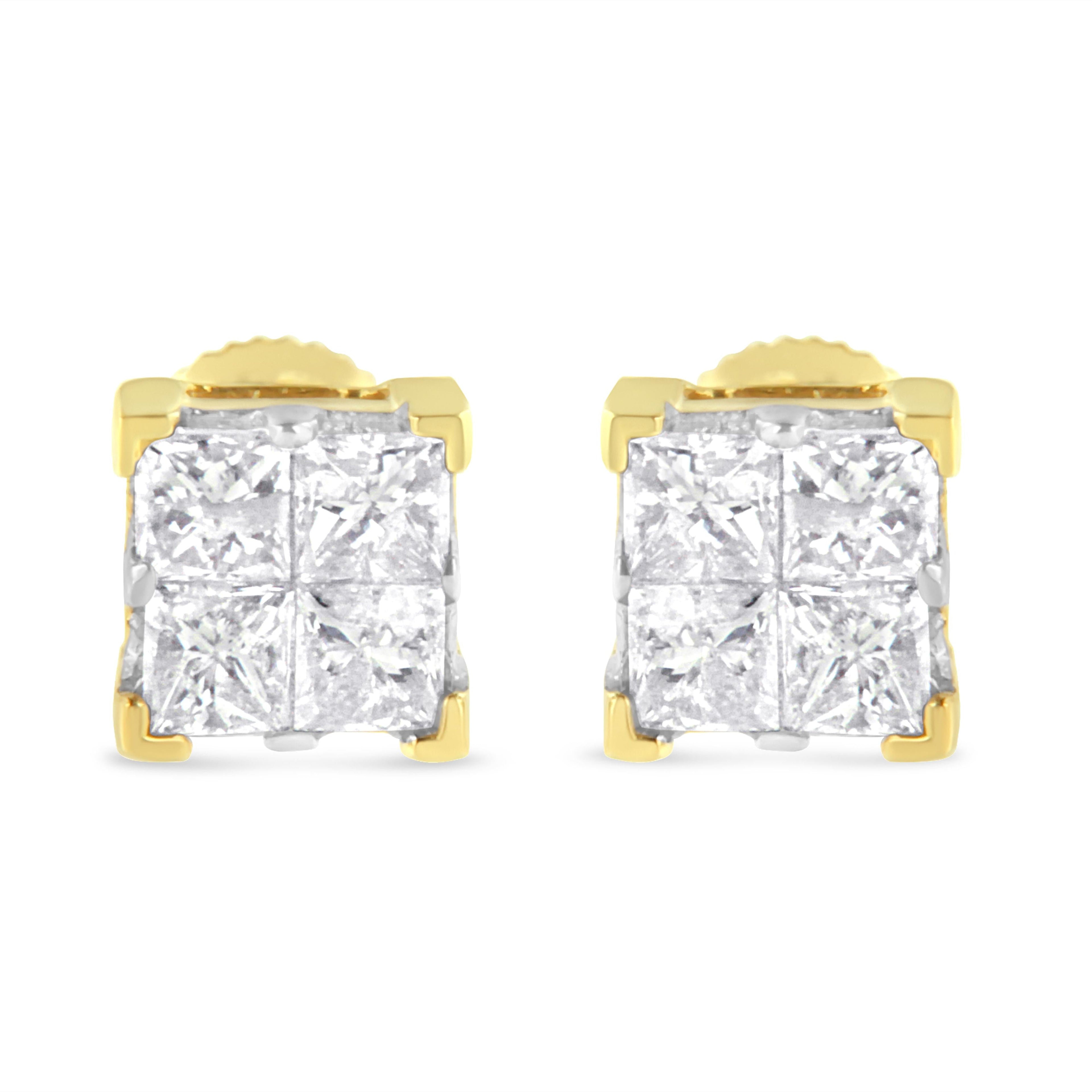 10K Yellow Gold 3/4 Cttw Invisible Set Princess-Cut Diamond Composite Square Stud Earrings (I-J Color, I2-I3 Clarity) by Bids.com