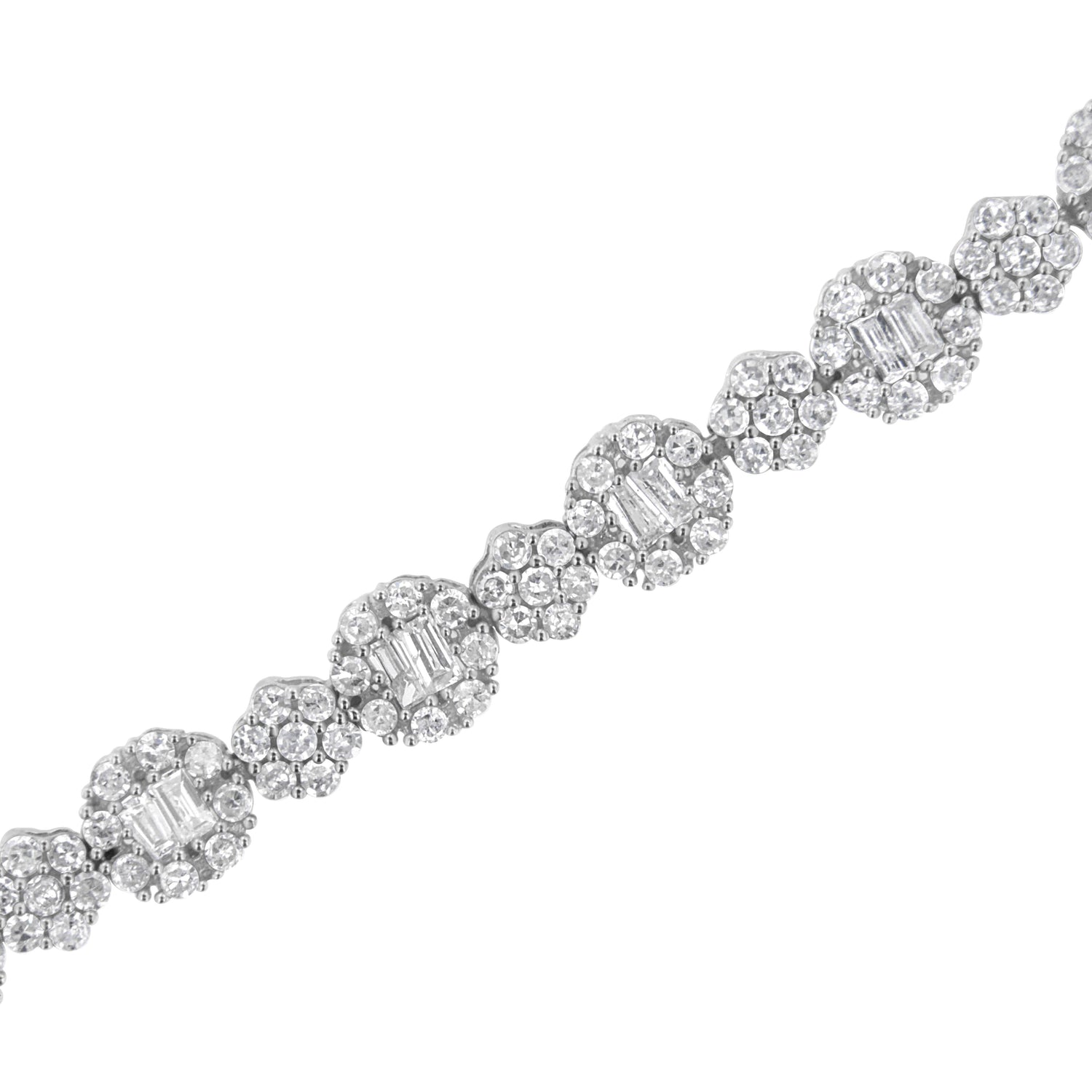 10K White Gold 4.0 cttw Brilliant Round-cut and Baguette Diamond Floral Cluster Link Bracelet (I-J Clarity, I1-I2 Color) - Size 7" 