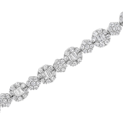 10K White Gold 4.0 cttw Brilliant Round-cut and Baguette Diamond Floral Cluster Link Bracelet (I-J Clarity, I1-I2 Color) - Size 7" 