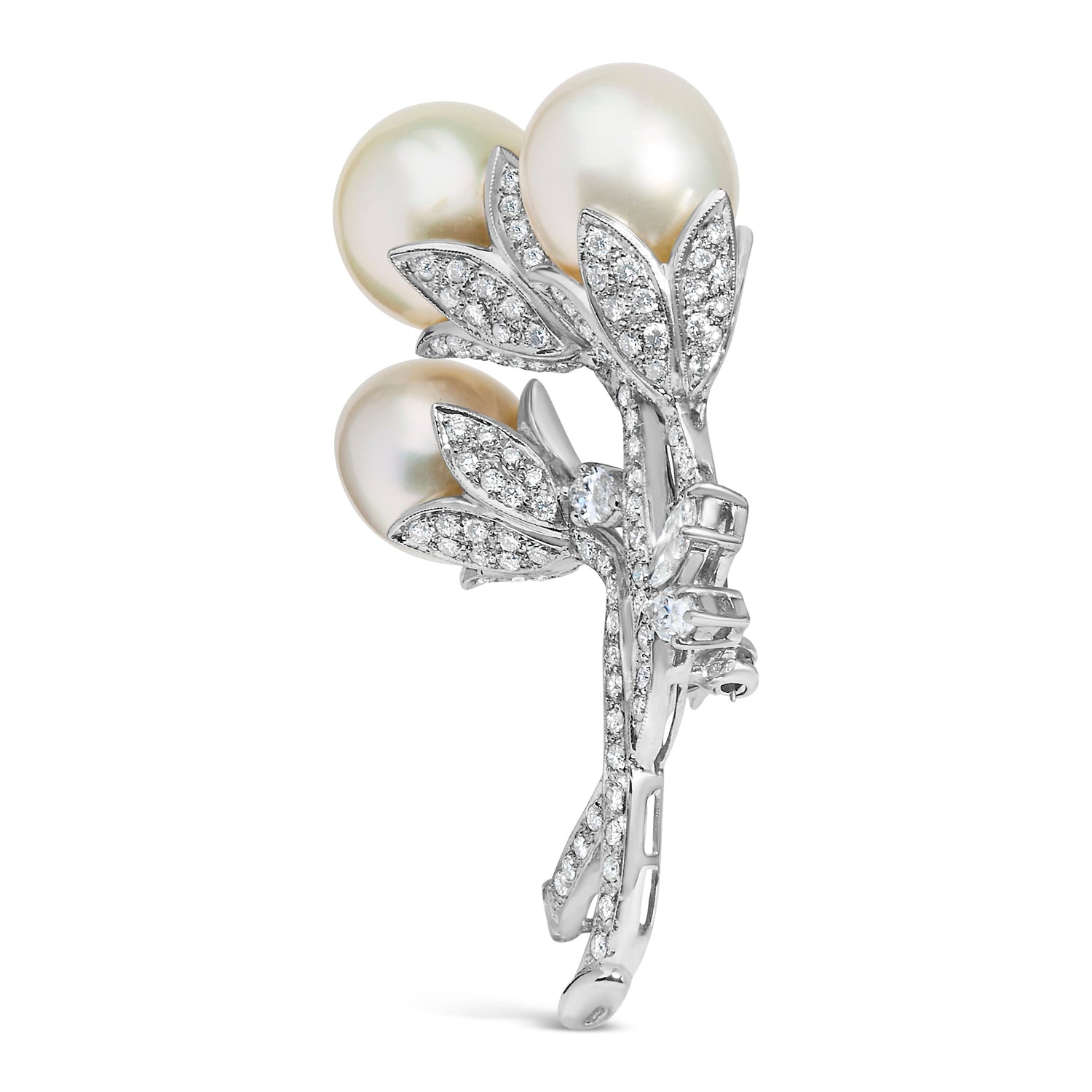 18K White Gold 2 1/5 Cttw Diamond and South Sea Pearl Floral Brooch Pin (G-H Color, VS1-VS2 Clarity) by Bids.com