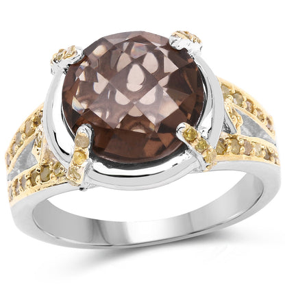 3.28 Carat Genuine Smoky Quartz and Yellow Diamond .925 Sterling Silver Ring by Bids.com