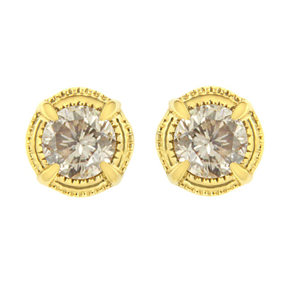 14K Yellow Gold Plated .925 Sterling Silver 1.0 Cttw Round Brilliant Cut Diamond Solitaire Milgrain Stud Earrings (K-L Color, I2-I3 Clarity) by Bids.com