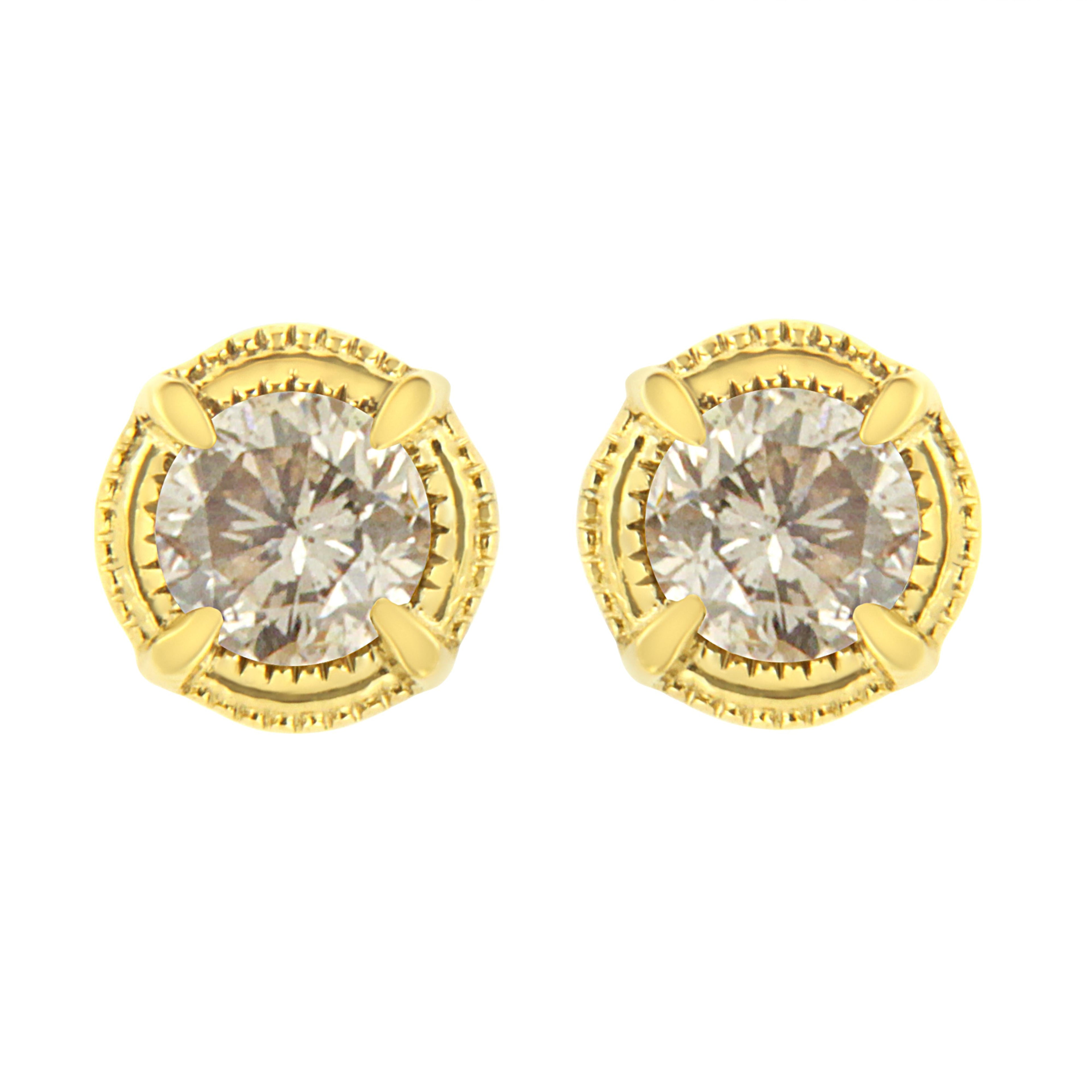 14K Yellow Gold Plated .925 Sterling Silver 1.0 Cttw Round Brilliant Cut Diamond Solitaire Milgrain Stud Earrings (K-L Color, I2-I3 Clarity) by Bids.com