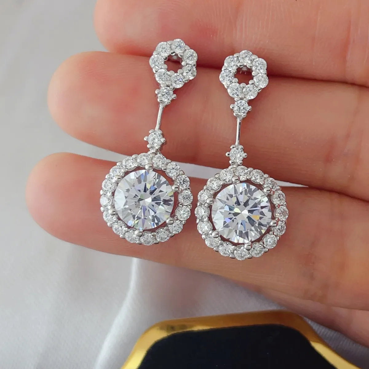 4 Carat Crystal Drop Dangle Earrings with Round Halo Design by Sparkala
