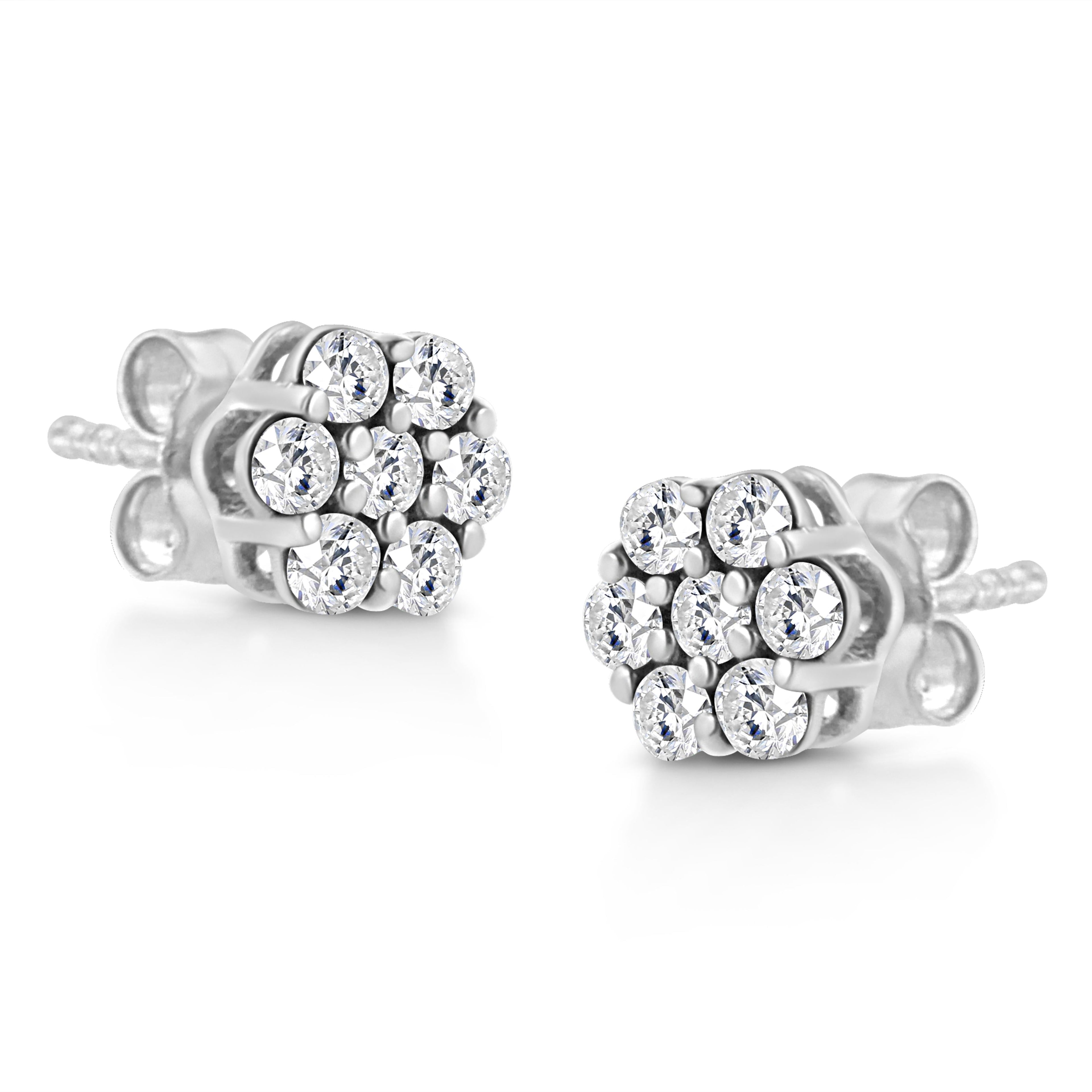 14K White Gold 1/2 Cttw Prong Set Round-Cut Diamond Flower Stud Earring (H-I Color, I1-I2 Clarity) by Bids.com