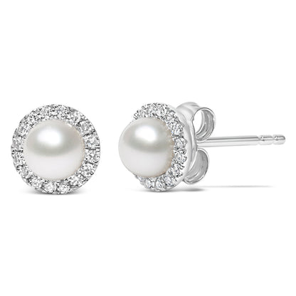 10K White Gold 4.5mm Cultured Freshwater Pearl and 1/7 Cttw Diamond Halo Stud Earring (I-J Color, I1-I2 Clarity) by Bids.com