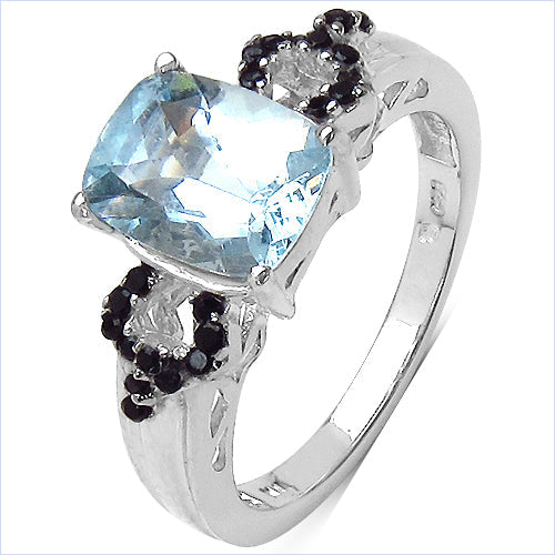 1.92 Carat Genuine Aquamarine &amp; Black Spinel .925 Sterling Silver Ring by Bids.com