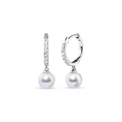 10K White Gold 6x6 MM Cultured Freshwater Pearl and Diamond Accent Drop Huggy Earring (H-I Color, I1-I2 Clarity) by Bids.com
