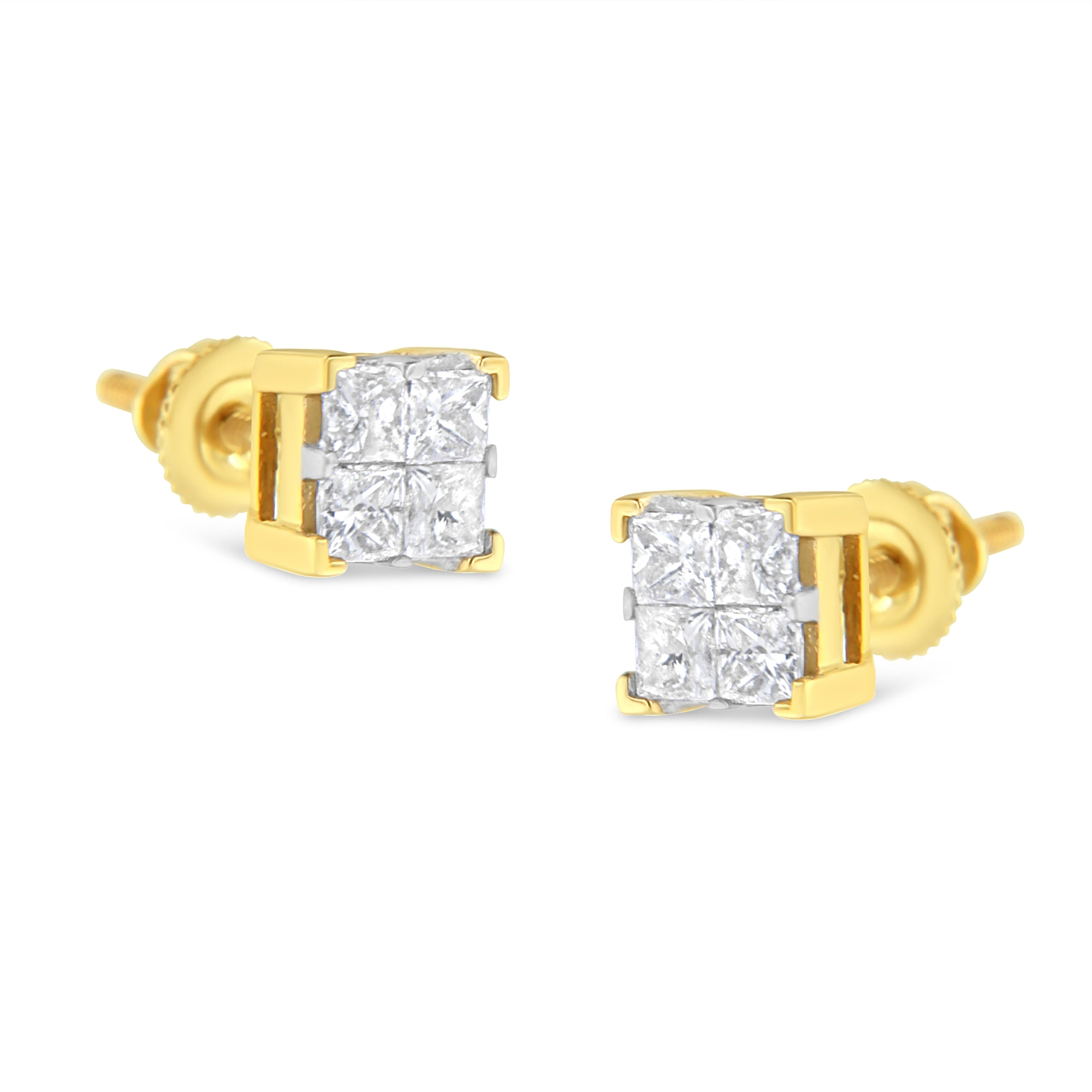 10K Yellow Gold 3/4 Cttw Invisible Set Princess-Cut Diamond Composite Square Stud Earrings (I-J Color, I2-I3 Clarity) by Bids.com