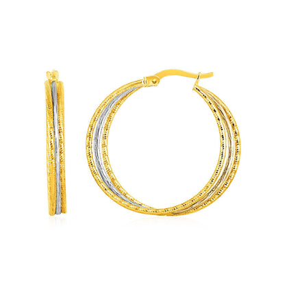 Three Part Textured Hoop Earrings in 14k Yellow and White Gold by Bids.com