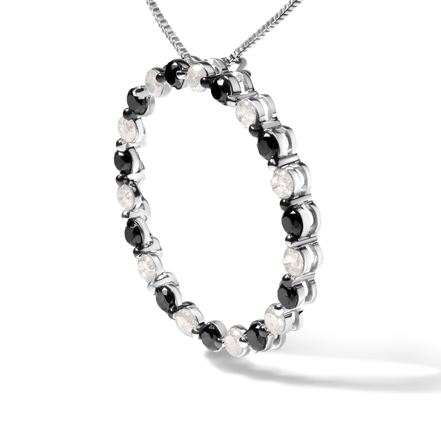.925 Sterling Silver 1 3/4 Cttw Alternating Black and White Diamond Open Circle Hoop Pendant Necklace (H-I Color, I2-I3 Clarity) - 18" Inches by Bids.com