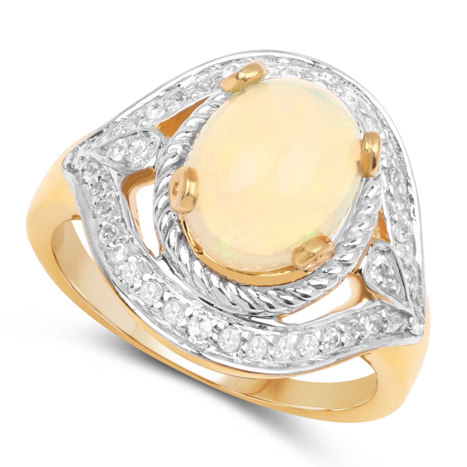 14K Yellow Gold Plated 1.88 Carat Genuine Ethiopian Opal and White Topaz .925 Sterling Silver Ring by Bids.com