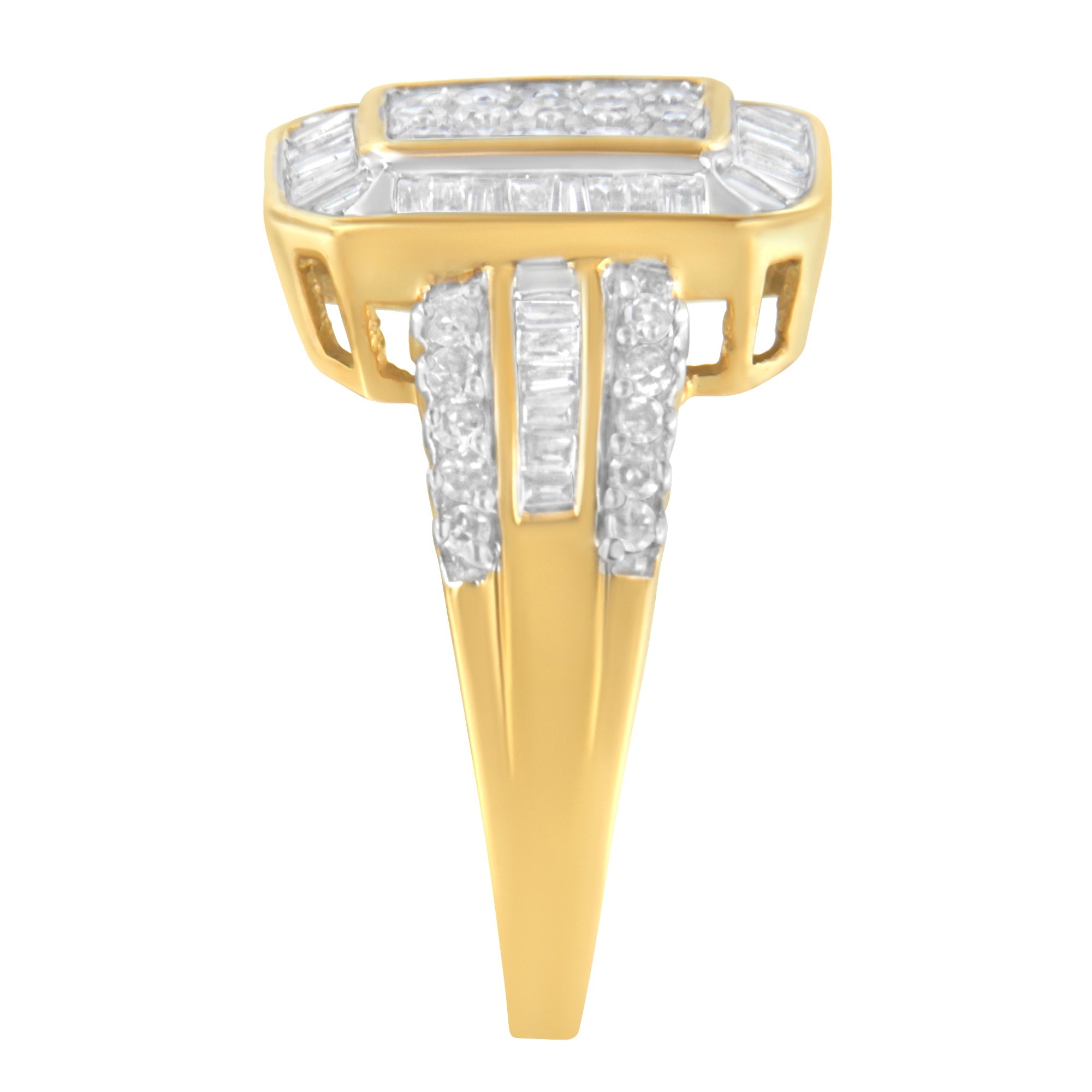 10K Yellow Gold Round and Baguette-Cut Diamond Cluster Ring (1.0 Cttw, I-J Color, SI1-SI2 Clarity) - Size 7 by Bids.com