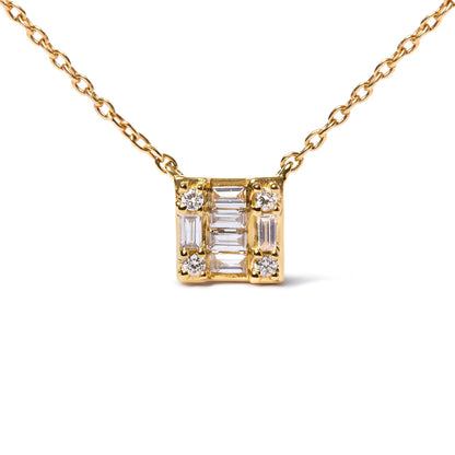 10K Yellow Gold 1/10 Cttw Round and Baguette Diamond Mosaic Composite Square 18" Inch Pendant Necklace (H-I Color, I1-I2 Clarity) by Bids.com