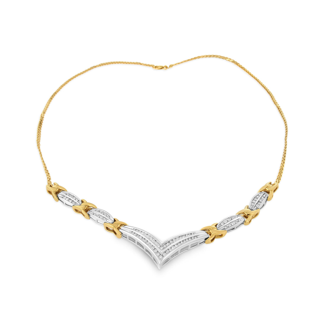 10K Yellow and White Gold 1.0 Cttw Round and Princess cut Diamond "V" Shape Statement Necklace (I-J Color, I1-I2 Clarity) by Bids.com