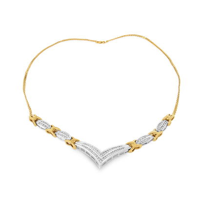 10K Yellow and White Gold 1.0 Cttw Round and Princess cut Diamond "V" Shape Statement Necklace (I-J Color, I1-I2 Clarity) by Bids.com