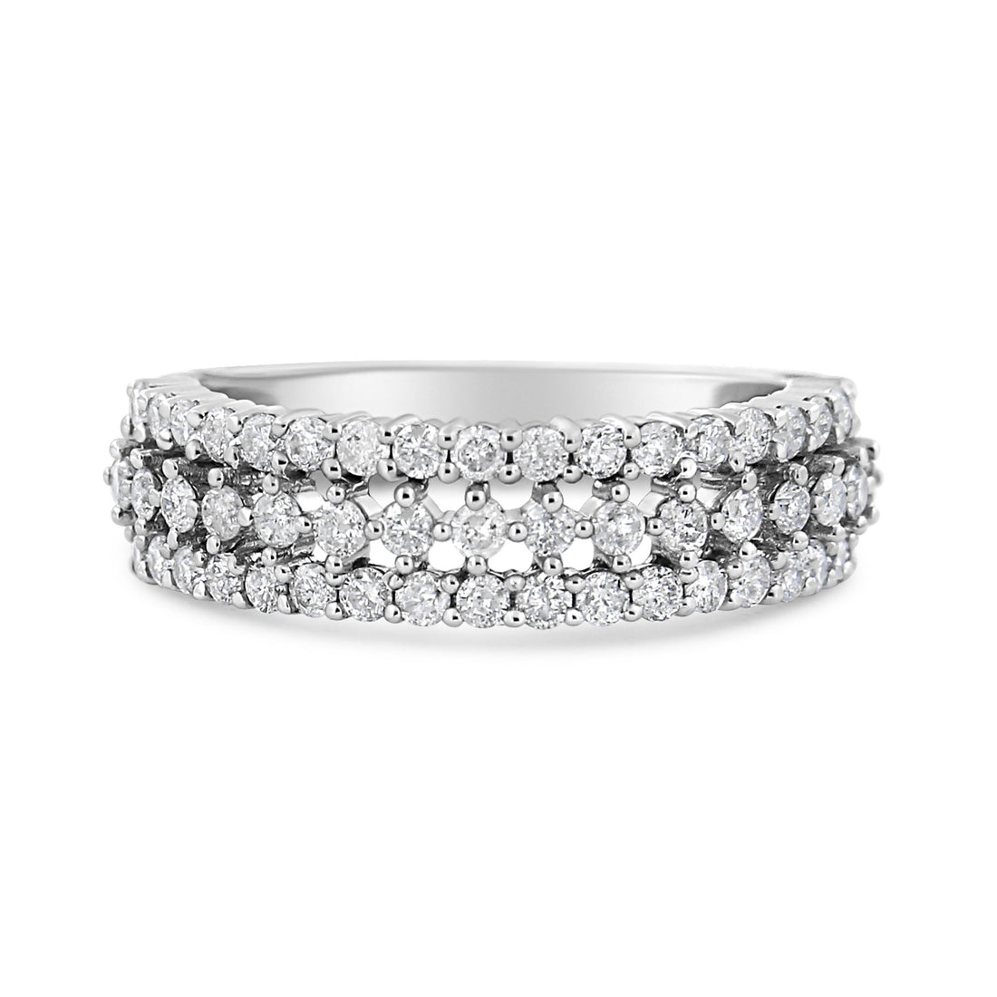 14K White Gold 1.0 Cttw Prong Set Round Diamond Split Shank Three Row Band Ring (H-I Color, I2-I3 Clarity) - Size 6  DestGlow